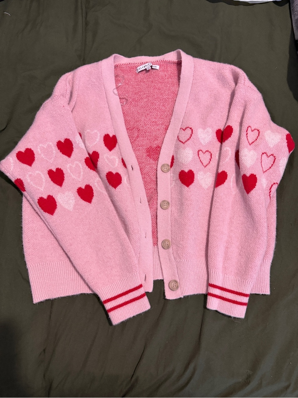 Celebrity Pink Pink Cardigan with Red & Light Pink Heart Pattern